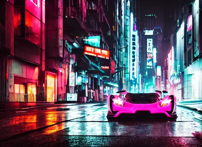 Prompt: a neon hypercar in the dark and rainy city street by Liam Wong