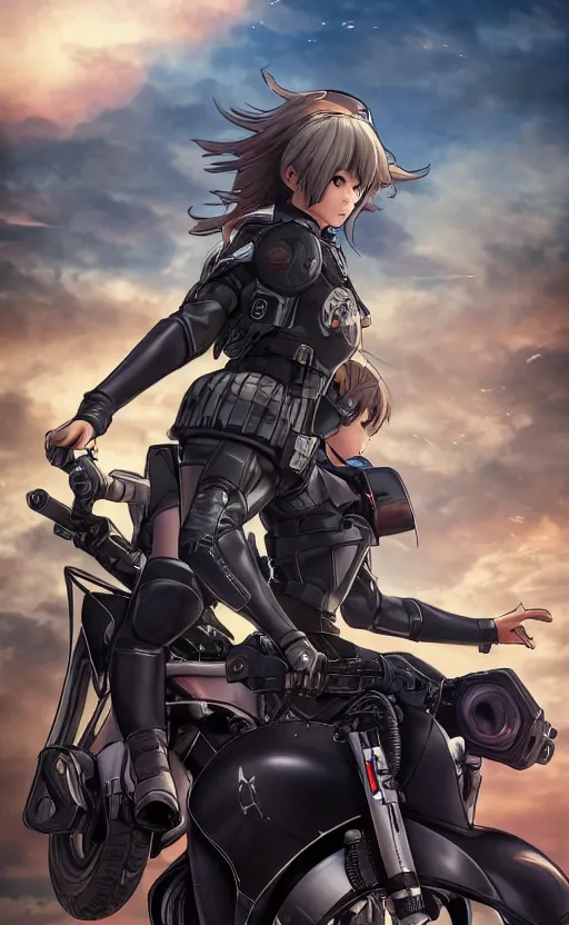 Image similar to panoramic view, a girl riding a motorbike, futuristic, soldier clothing, battlefield in background, anime style, hair down, symmetrical facial features, realistic hands, from arknights, hyper realistic, 4 k, extreme detail, trending artstation, safebooru, realistic lighting, by alphonse mucha, greg rutkowski, sharp focus