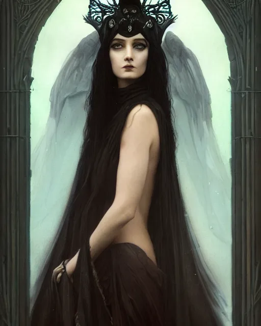 Image similar to a portrait of the Raven Queen, otherworldly beautiful, large dark eyes, dark magic, illustration, dramatic lighting, soft details, painting oil on canvas, art nouveau, octane render, HDR, 4k, 8k, HD, by Edmund Blair Leighton, Brom, Charlie Bowater, trending on artstation, Tom Bagshaw faces by otto Schmidt