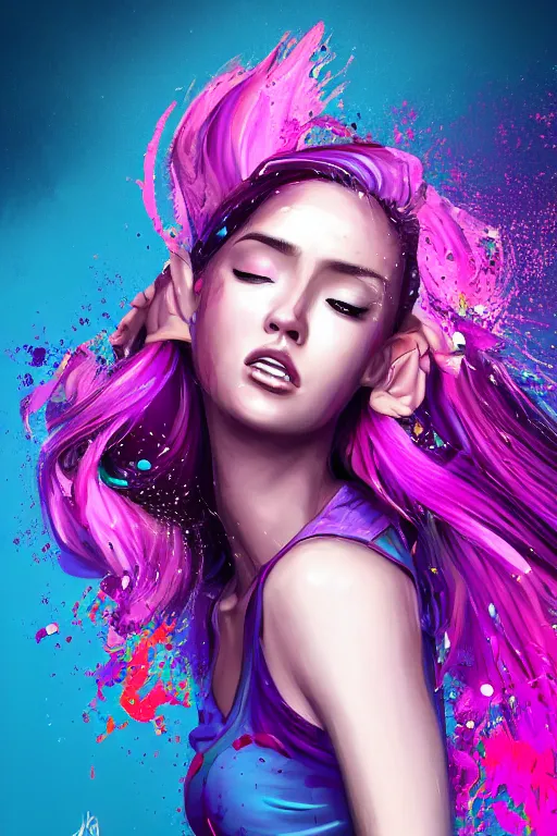 Image similar to a award winning half body portrait of a beautiful woman in a croptop and cargo pants with ombre purple pink teal hairstyle with head in motion and hair flying by artgerm, paint splashes, splatter, outrun, vaporware, shaded flat illustration, digital art, trending on artstation, highly detailed, fine detail, intricate