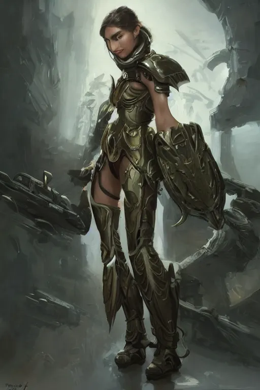 Image similar to a professional painting of an attractive young female clothed in military armor, olive skin, long dark hair, beautiful bone structure, symmetrical facial features, intricate, elegant, digital painting, concept art, smooth, sharp focus, illustration, from StarCraft by Ruan Jia and Mandy Jurgens and Artgerm and William-Adolphe Bouguerea