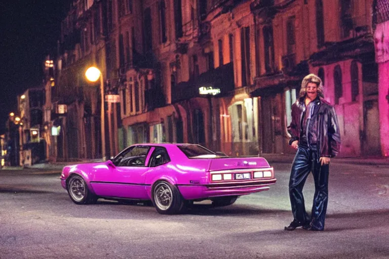 Prompt: 80s dressed Kurt Russel posing and in the background there two 80s sports cars parked on a deserted city street at night time, purple lighted street, wide angle, cinematic, retro-wave vibes, grainy, soft motion blur