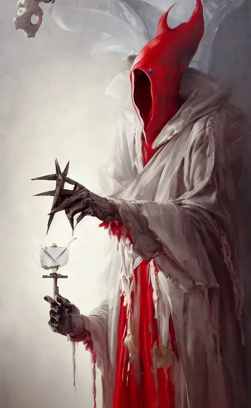 Image similar to a painting of a white robed magician behind a table, hands gesture as above so below, red mantle cup, sword, pentacle, wand, a surrealist painting by marco mazzoni, peter mohrbacher, nychos, cgsociety, neo - figurative, detailed painting, rococo, oil on canvas, seapunk, biomorphic, lovecraftian