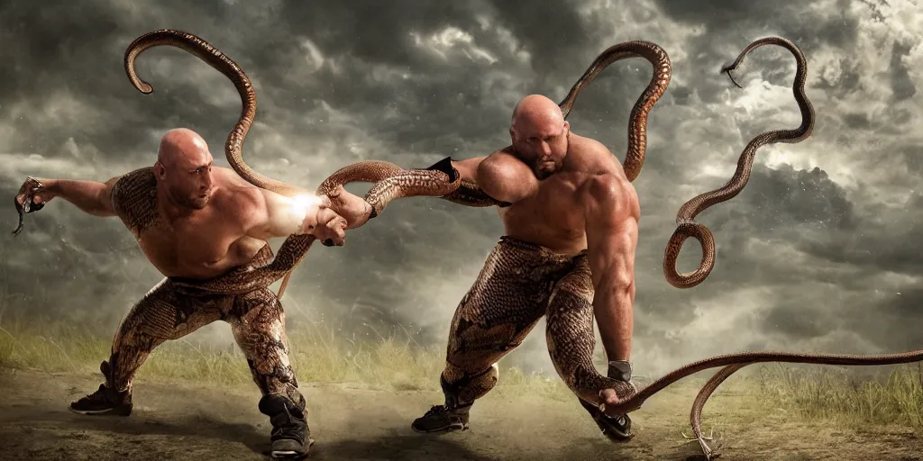 Prompt: The Ryback fighting a snake outdoors, highly detailed, intricate, digital illustration, hyperrealistic, photorealistic, ultra hd, cinematic lighting, award-winning, 4k, beautiful color, high quality, high textured, lens flare