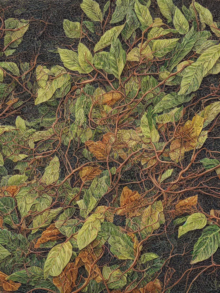 Prompt: a chaotic windy tornado of leaves, intricate details, aesthetically pleasing and harmonious natural colors, art by tiffany bozic, impressionism, detailed, dark