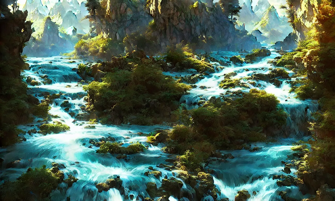 Image similar to Mountain river flows through a fantasy landscape gorge. A big blue lake in the middle of the mountains. Fabulous nature, amazing seascape, highly detailed, digital painting, artstation, concept art, smooth, sharp focus, illustration, art by greg rutkowski and alphonse mucha