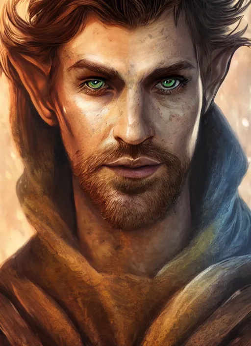 Prompt: A fantasy comic book style portrait painting of an arrogant half elf ranger, shaggy brown hair, scruffy beard, scar on face, blue tunic, unreal 5, DAZ, hyperrealistic, octane render, cosplay, RPG portrait, dynamic lighting