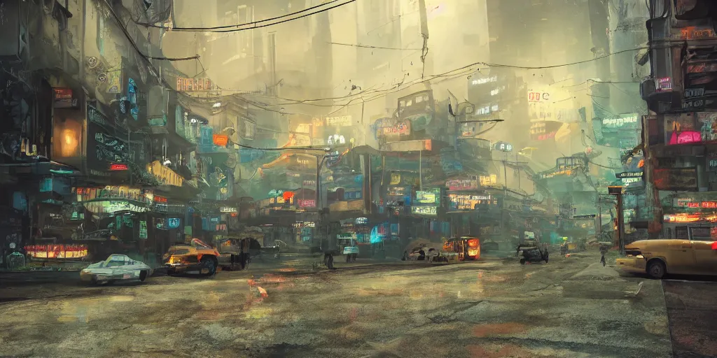 Image similar to a guatemalan solitary cyberpunk city, abandoned with neon ads and signs with evocative dramatic mood with blade runner vibe with cars and floating vehicles with motion blur with depth of field with bloom with lightshaft with volumetric lights, fog, by jeremy mann, oscar winning graphics, photo realistic, bloom, imax, dynamic lighting, artstation,