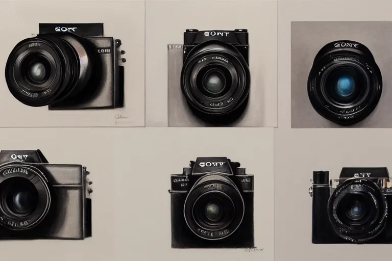 Prompt: beautiful painting of a sony alpha camera, painting by 5 0 s commercial painting, nice studio lighting, smooth tiny details, soft and clear shadows, low contrast, perfect
