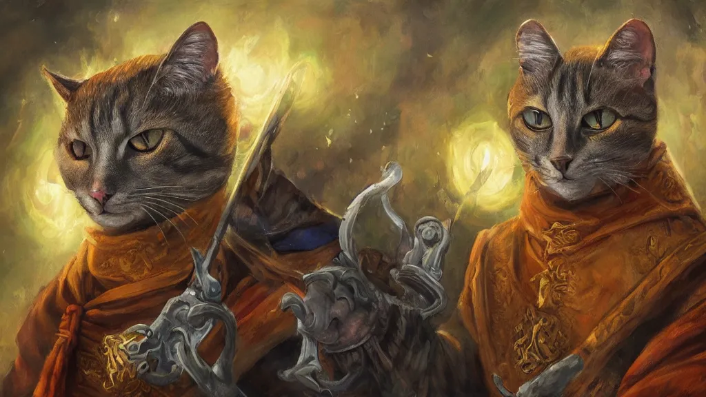 Prompt: oil painting of a anthropomorphic cat wizard. high definition, sharp, epic fantasy, rpg, digital art