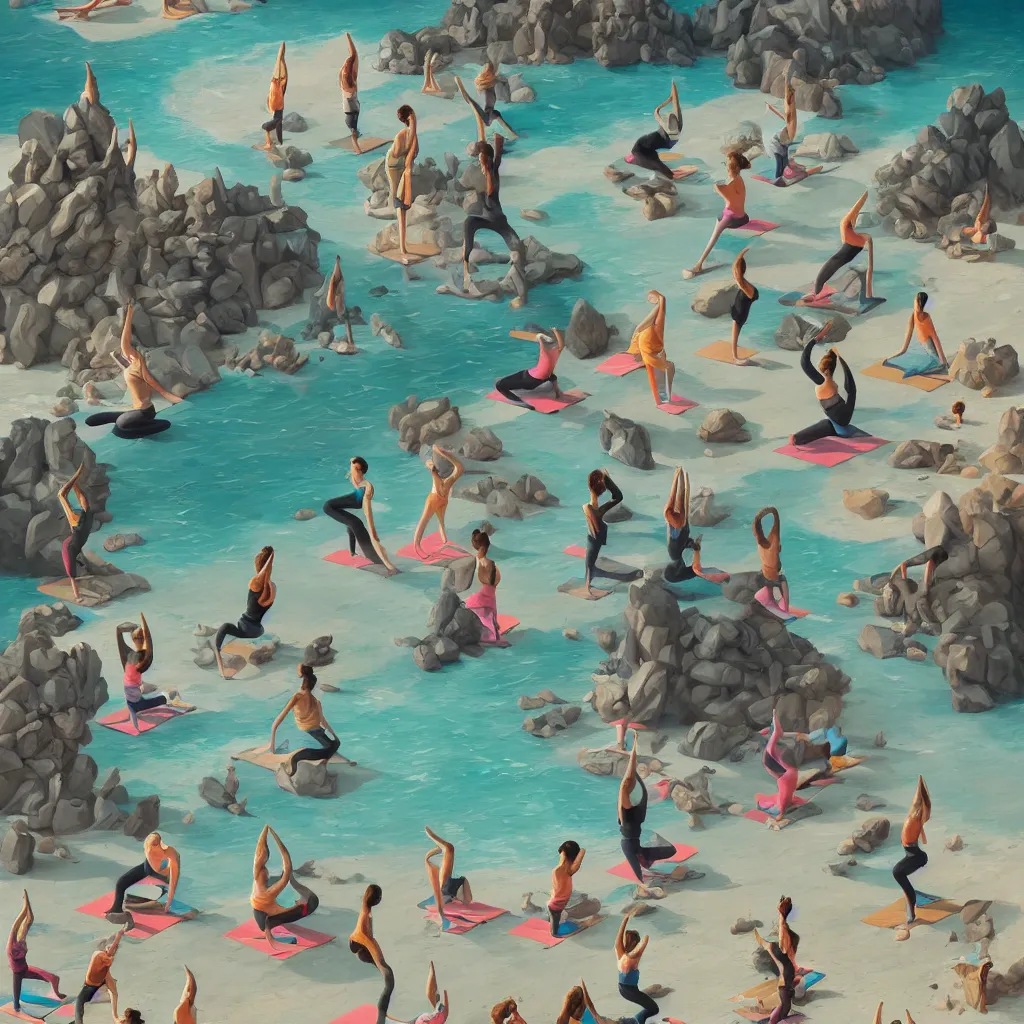 Prompt: inlego people doing yoga on beach , hyper details, cartoon, hyperrealistic intricate details, by Peter Mohrbacher, trending on artstation, 8k