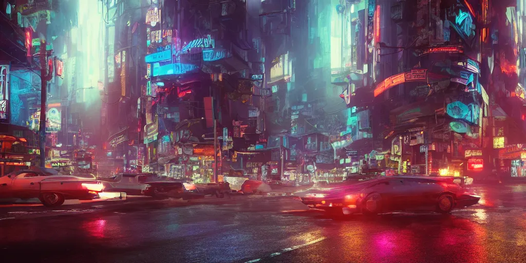 Image similar to a 3 d rendered in unreal engine guatemalan cyberpunk city with neon ads and signs with evocative dramatic mood with blade runner vibe with cars and floating vehicles with motion blur with depth of field with bloom with lightshaft with volumetric lights, fog, by jeremy mann, oscar winning graphics, photo realistic, bloom, imax, dynamic lighting, artstation,