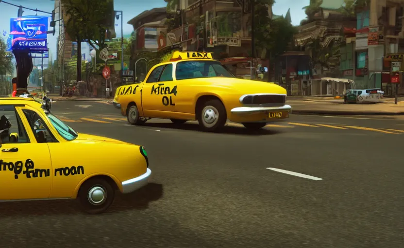 Image similar to ps 4 game about a frog driving a taxi, frog driving a taxi unreal 4 screenshot,