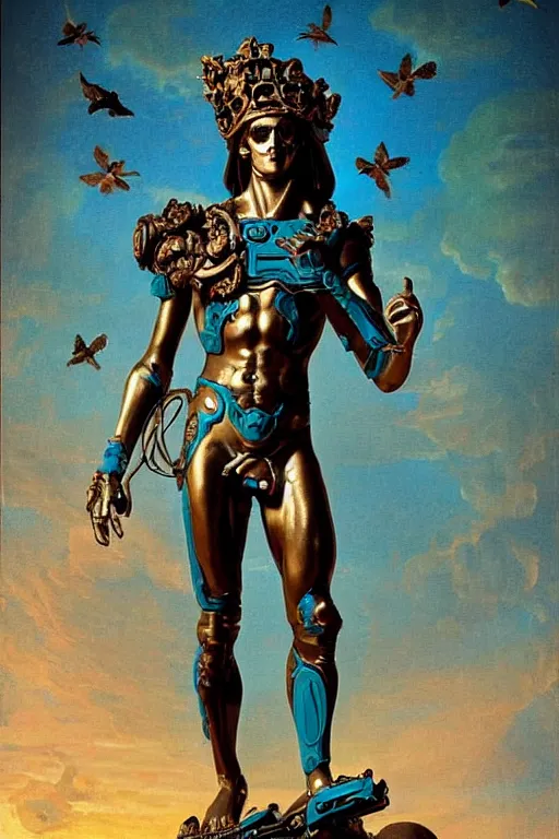 Image similar to a young handsome Spanish metal android with a large glowing battery in the center of his chest in a full-body bronze cyberpunk style statue of Icarus with glowing blue eyes, crown of peach roses, flowing teal-colored silk, fabric, flowers. baroque elements, human skull. full-length view. baroque element. intricate artwork by caravaggio. many many birds birds on background. Trending on artstation, octane render, cinematic lighting from the right, hyper realism, octane render, 8k, depth of field, 3D