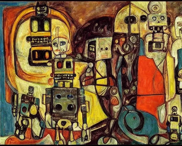 Image similar to a painting of a robot family portrait by graham sutherland, egon schiele, expressionism