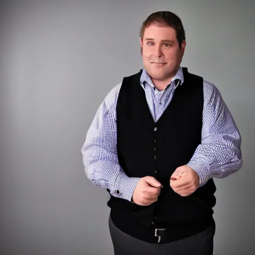 Prompt: clean - shaven portly white man with neatly styled black hair in his 4 s is wearing a dress shirt sweater - vest trouser dress shoes. his is standing in front of a mirror, taking a photo of himself.