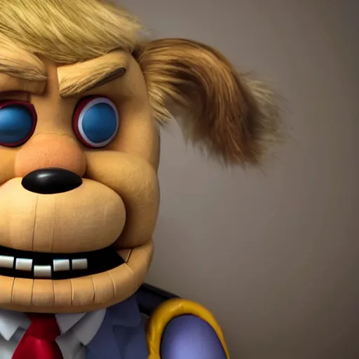 Image similar to Donald Trump with Five Nights At Freddy body, realistic artstyle, wide shot, dramatic lighting, octane render, hyperrealistic, high quality, highly detailed, HD, beautiful, cinematic, 8k, unreal engine, facial accuracy, symmetrical