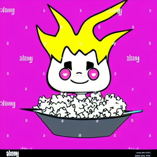 Image similar to kawaii wacky fluffy popcorn with lightning bolt power, yokai, in the style of a manga character, with a smiling face and flames for hair, sitting on a lotus flower, white background, simple, clean composition, symmetrical