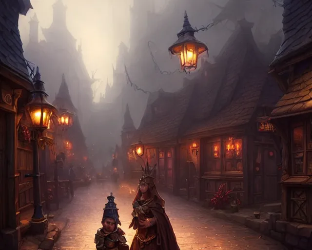 Prompt: fantasy village streets, cloudy, dark, natural lighting, deep focus, d & d, fantasy, intricate, elegant, highly detailed, digital painting, artstation, concept art, matte, sharp focus, illustration, hearthstone, art by artgerm and greg rutkowski and laura sava and alphonse mucha