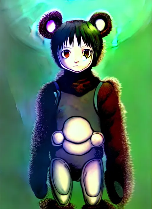 Image similar to beautiful little boy wearing an cyborg bear suit, artwork in kentaro miura and made in abyss and rosdraws, smooth, beautiful lightness, anatomically correct, trending on pixiv, forest