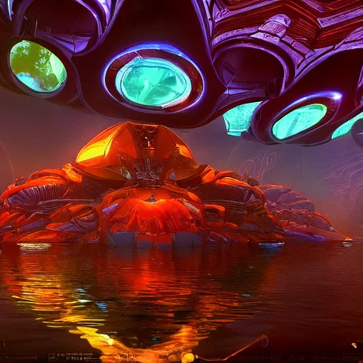 Image similar to photorealistic beautiful palace of metroid prime. hyperdetailed photorealism, 1 0 8 megapixels, river, amazing depth, glowing rich colors, powerful imagery, psychedelic overtones, 3 d finalrender, 3 d shading, cinematic lighting, artstation concept art