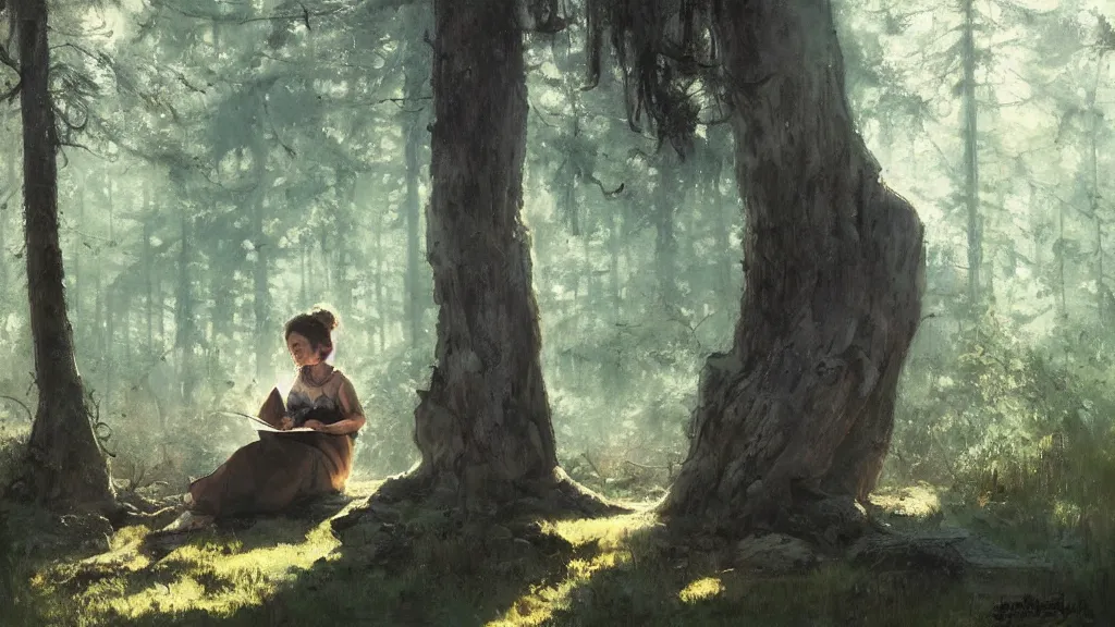 Image similar to girl reading on stump in the forest, curly messy high bun hairstyle, oriental tattoos, morning light, by jeremy mann and greg rutkowski, artstation, oil on canvas