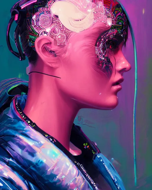 Image similar to detailed side profile portrait Neon Operator Girl, cyberpunk futuristic neon, reflective puffy coat, decorated with traditional Japanese ornaments by Ismail inceoglu dragan bibin hans thoma greg rutkowski Alexandros Pyromallis Nekro Rene Maritte Illustrated, Perfect face, fine details, realistic shaded, fine-face, pretty face