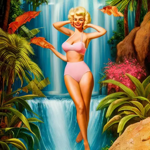 Image similar to a very beautiful oil painting of jayne mansfield under a tropical waterfall, full body, pale pink bikini, cinematic lightning, golden hour, medium shot, mid - shot, cryengine, raytracing, 4 k, cinematic wallpaper by gil elvgren, robert maguire, rudolf belarski, marc simonetti, and sakimichan