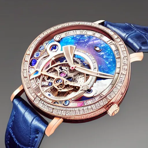 Prompt: extremely complicated astronomical watch with infinite dials, blue butterfly wing and pink mother of pearl, intricate and detailed texture