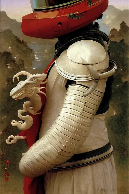 Image similar to portrait of a astronaut is a chinese dragon in armor and helmet, majestic, solemn, by bouguereau