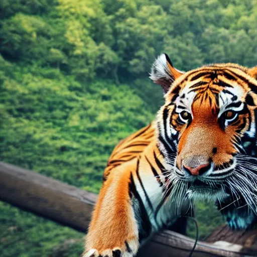 Prompt: First person view facing a tiger on a rope bridge