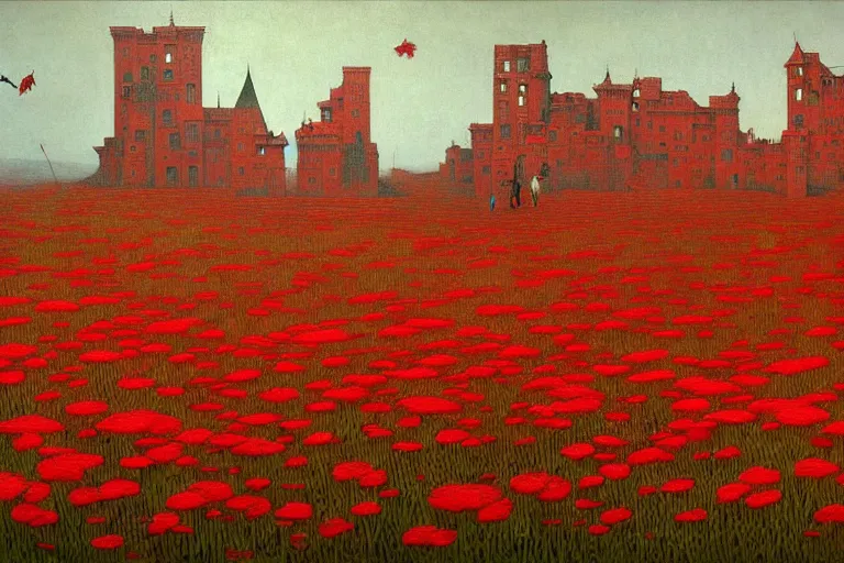 Image similar to only with red, red flowers of different types, a red tiger, a castle in the background, medieval demons dance over the flowers, an ancient path, in the style of beksinski, part by hopper, part by rodcenko, part by hofbauer, intricate composition, red by caravaggio, insanely quality, highly detailed, masterpiece, red light, artstation