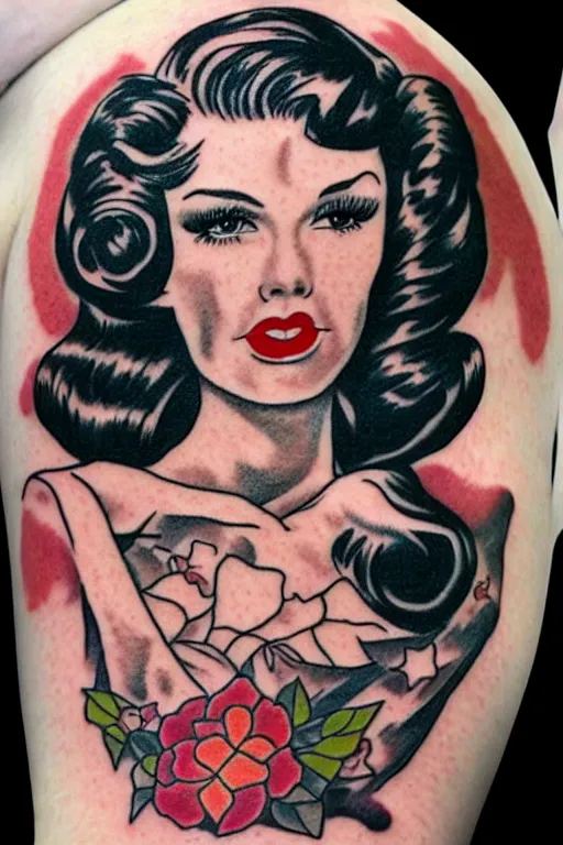 Prompt: traditional American tattoo of a pinup girl, pinup model, WWII style, tattoo by David Corden
