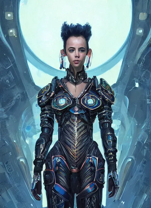 Image similar to a professional portrait of a beautiful young female, clothed in electric neon armor, olive skin, long dark hair, beautiful bone structure, symmetrical facial features, intricate, elegant, digital painting, concept art, smooth, sharp focus, finely detailed, illustration, from Valerian and the City of a Thousand Planets, by Ruan Jia and Mandy Jurgens and Artgerm and William-Adolphe Bouguerea