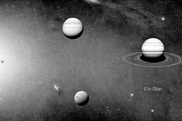 Image similar to a photo of the solar system, black and white, 3 5 mm film, cinematic 4 k