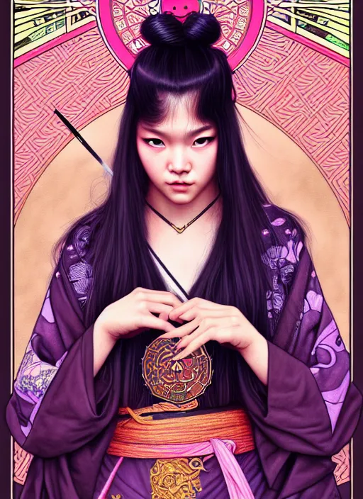 Image similar to jossi of blackpink, samurai, tarot card, highly detailed, digital painting, smooth, sharp focus, illustration, ultra realistic, 8 k, art by artgerm and alphonse mucha