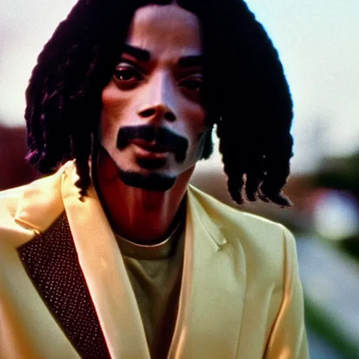 Image similar to a 1980s film still of Snoop Dogg dressed as Michael Jackson, 40mm lens, shallow depth of field, split lighting