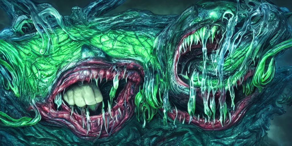 Prompt: a muscular slimy creepy monster, open mouth, with very long slimy tongue, dripping saliva, mouths inside mouths, macro photo, fangs, red glowing veins, thin blue arteries, green skin with scales, cinematic colors, standing in shallow water, insanely detailed 8 k artistic photography, dramatic lighting