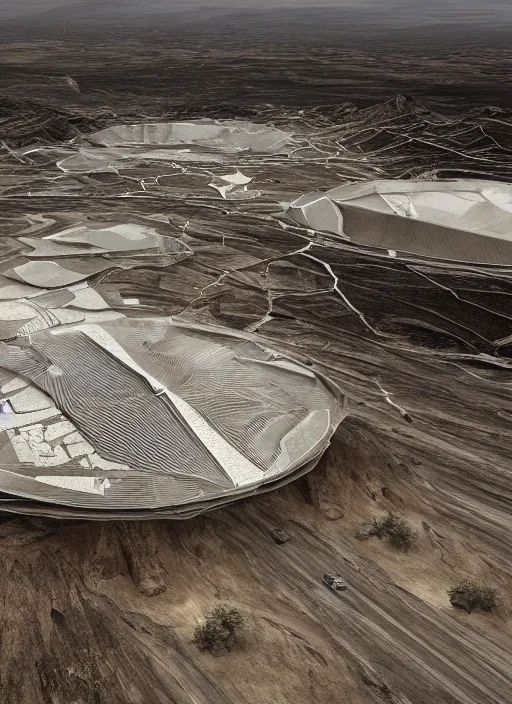 Image similar to bioremediation white architecture high tech, in the mining tailings of chuquicamata, epic, cinematic, hyperealistic, high detailed, corona render, hdr, ray tracing