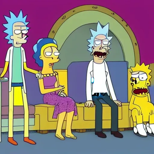 Image similar to Rick & Morty starring in the simpsons couch-gag