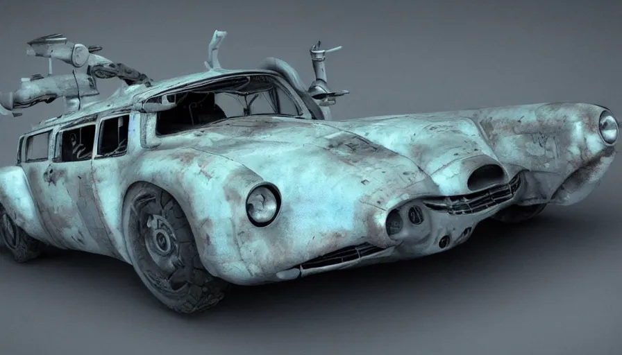 Prompt: fallout retro futuristic car, 8 k photorealistic, hd, high details, trending on artstation
