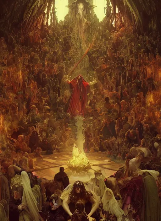 Prompt: hyperdetailed demonic crowd inside huge covens den, intricate wiccan scene detailing, photorealistic hell, art by john collier, albert aublet, krenz cushart, artem demura, alphonse mucha, diffuse lighting, artstation, smooth, textless, sharp focus,