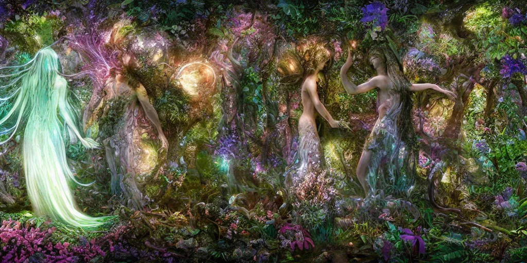 Image similar to glowing delicate flower and mushrooms that grow in a dark fatansy forest on the planet Pandora, an idealistic marble statue with fractal flowery hair in a fractal garden, Adam and Eve, symmetrical,
