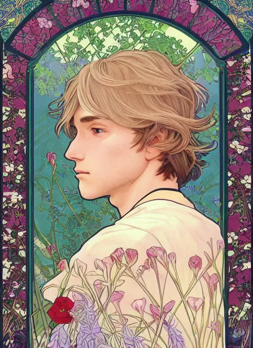 Image similar to book cover, pretty young man with shoulder length blond hair, male, half body shot, flower pattern background, path traced, highly detailed, high quality, digital painting, by studio ghibli and alphonse mucha, leesha hannigan, hidari, art nouveau, chiho aoshima, jules bastien - lepage