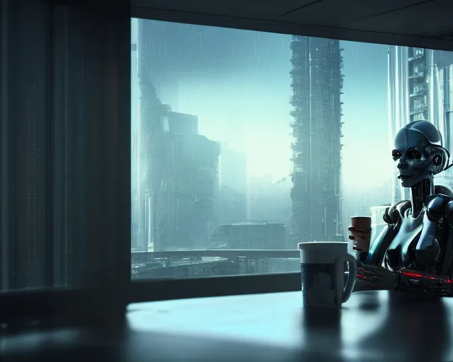 Image similar to a terminator cyborg lady with borg implants and optical fibers is drinking coffee near a window with dystopian city visible outside. very detailed 8 k. cyberpunk style. unreal engine render. global illumination. nanite. rtx. path tracing.