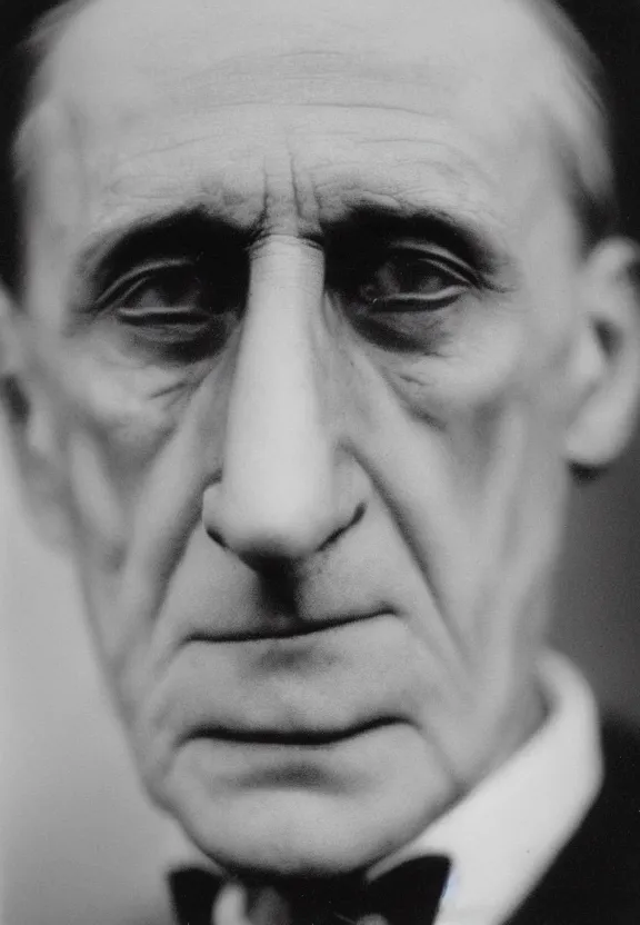 Image similar to a close - up casual photo of marcel duchamp with pensive eyes, 1 9 2 0 s monochrome snapshot, graflex 4 x 5, f 1. 8, 3 5 mm, ilford delta 3 2 0 0 pro