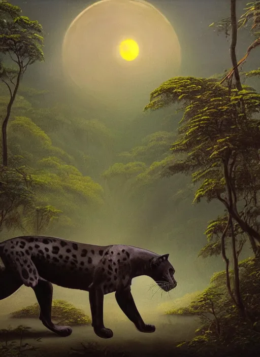 Image similar to a beautiful matte painting of a black jaguar walking in the jungle at night, with full moon in the sky, ayahuasca
