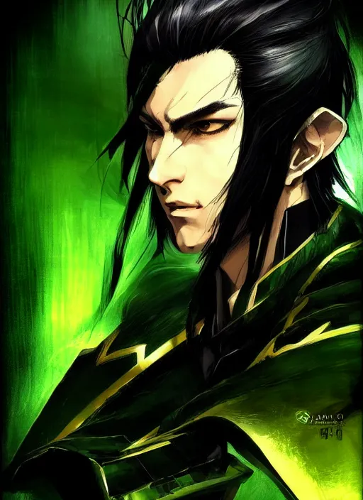 Prompt: Half body portrait of a handsome black haired elven warlord in black, green and gold jacket. In style of Yoji Shinkawa and Hyung-tae Kim, trending on ArtStation, dark fantasy, great composition, concept art, highly detailed.