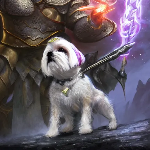 Image similar to shih tzu Dog, battle armour, Anthropomorphized, casting epic spell, magic the gathering artwork, D&D, fantasy, cinematic lighting, centered, symmetrical, highly detailed, digital painting, artstation, concept art, smooth, sharp focus, illustration, volumetric lighting, epic Composition, 8k, art by Akihiko Yoshida and Greg Rutkowski and Craig Mullins, heroic pose, oil painting, cgsociety, magic lab background