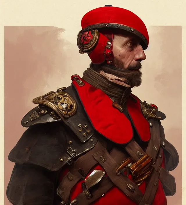 Prompt: portrait of a german man wearing a red and black traditional nineteenth century military jacket, metal shoulder pauldrons, highly detailed, digital painting, artstation, concept art, sharp focus, cinematic lighting, illustration, art by artgerm and greg rutkowski, alphonse mucha, cgsociety